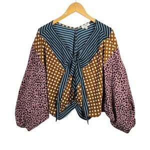 Umgee Mixed Print Tie-Front Blouse in Navy, Mustard & Pink